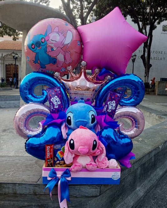 Arreglo Duo de Stitch con Globos Cromados y Golosinas