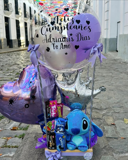 Arreglo Stitch con Globo Burbuja, Golosinas y Globos Metalizados – Regalo Original