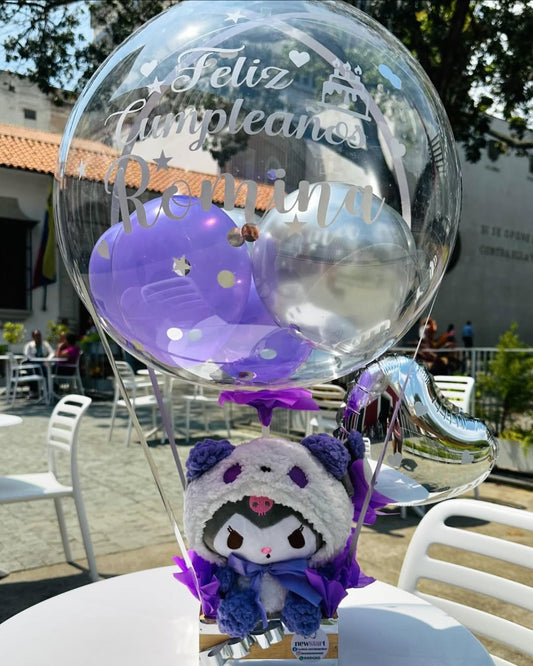 Arreglo Kuromi con Globo Burbuja Personalizado – Regalo Kawaii en Caja de Madera