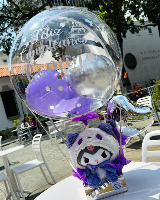 Arreglo Kuromi con Globo Burbuja Personalizado – Regalo Kawaii en Caja de Madera